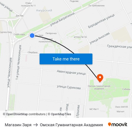 Магазин Заря to Омская Гуманитарная Академия map