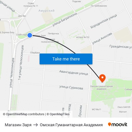 Магазин Заря to Омская Гуманитарная Академия map