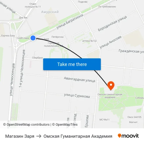 Магазин Заря to Омская Гуманитарная Академия map