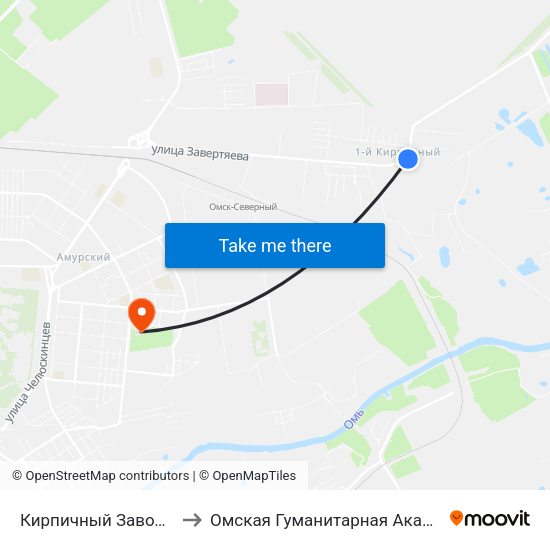 Кирпичный Завод №1 to Омская Гуманитарная Академия map