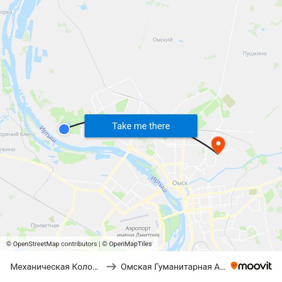 Механическая Колонна №70 to Омская Гуманитарная Академия map