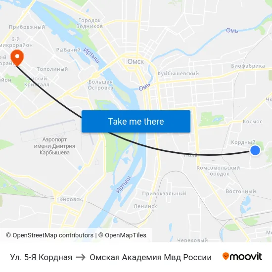 Ул. 5-Я Кордная to Омская Академия Мвд России map