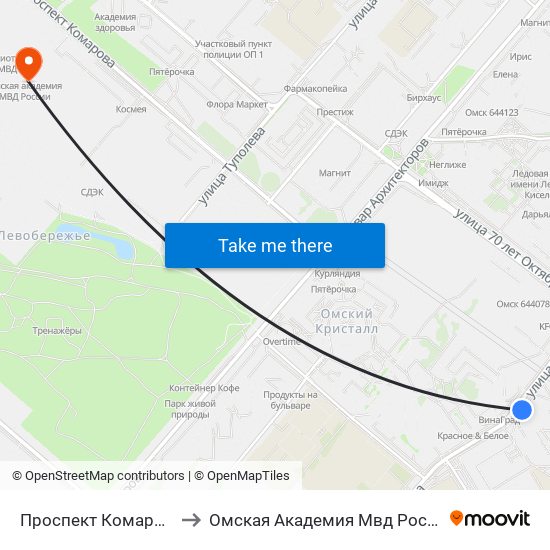 Проспект Комарова to Омская Академия Мвд России map