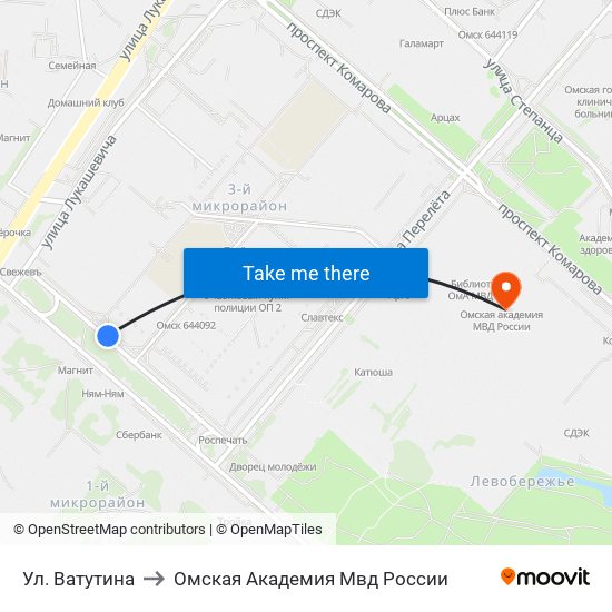 Ул. Ватутина to Омская Академия Мвд России map