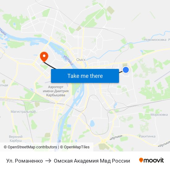 Ул. Романенко to Омская Академия Мвд России map