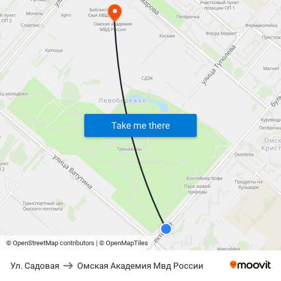 Ул. Садовая to Омская Академия Мвд России map