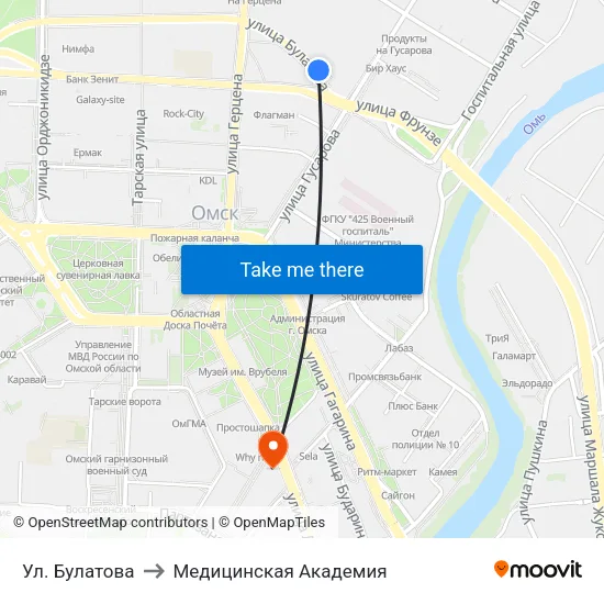 Ул. Булатова to Медицинская Академия map