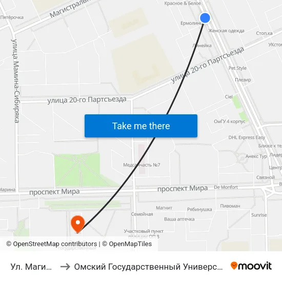 Ул. Магистральная to Омский Государственный Университет Им. Ф. М. Достоевского map