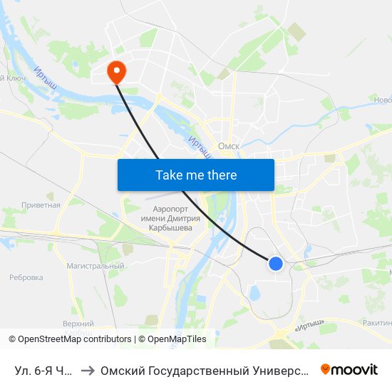Ул. 6-Я Чередовая to Омский Государственный Университет Им. Ф. М. Достоевского map