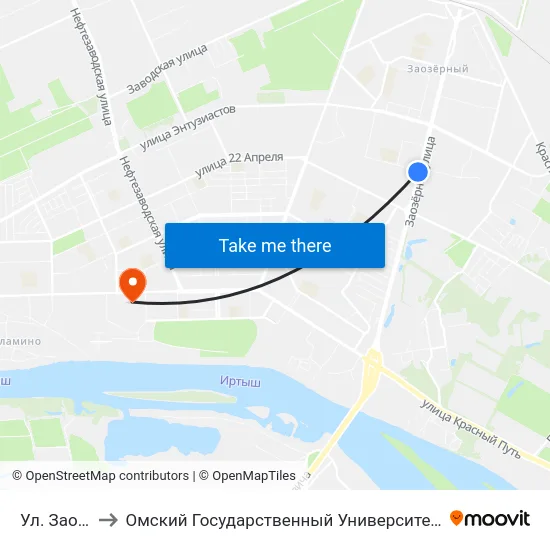 Ул. Заозерная to Омский Государственный Университет Им. Ф. М. Достоевского map