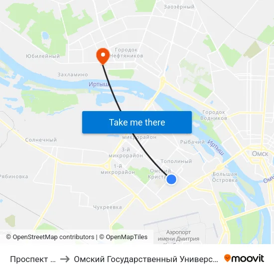Проспект Комарова to Омский Государственный Университет Им. Ф. М. Достоевского map