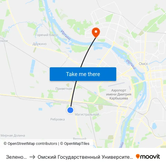 Зеленое Поле to Омский Государственный Университет Им. Ф. М. Достоевского map