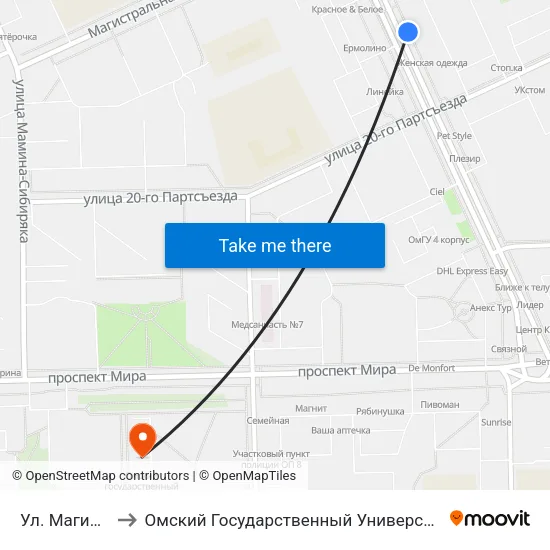 Ул. Магистральная to Омский Государственный Университет Им. Ф. М. Достоевского map