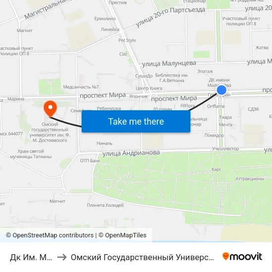 Дк Им. Малунцева to Омский Государственный Университет Им. Ф. М. Достоевского map