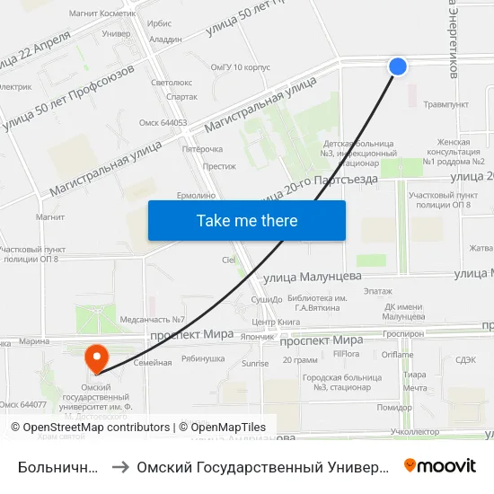 Больничный Городок to Омский Государственный Университет Им. Ф. М. Достоевского map