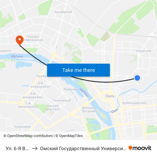 Ул. 6-Я Восточная to Омский Государственный Университет Им. Ф. М. Достоевского map