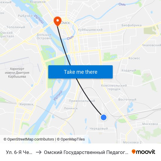 Ул. 6-Я Чередовая to Омский Государственный Педагогический Университет map