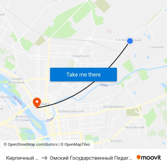 Кирпичный Завод №1 to Омский Государственный Педагогический Университет map