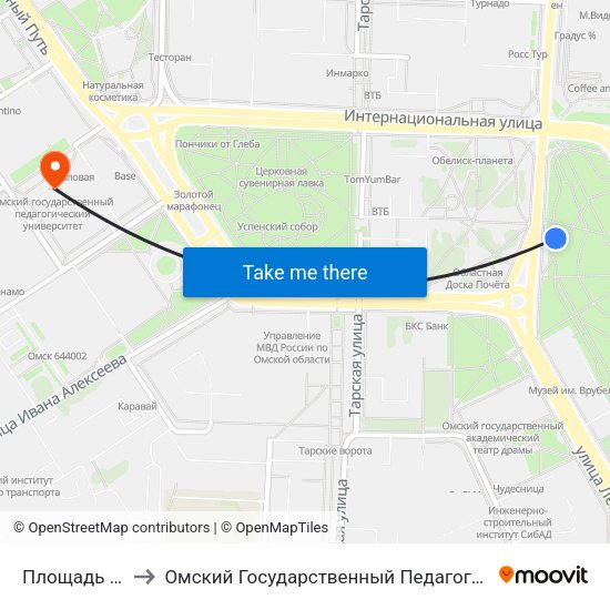 Площадь Победы to Омский Государственный Педагогический Университет map
