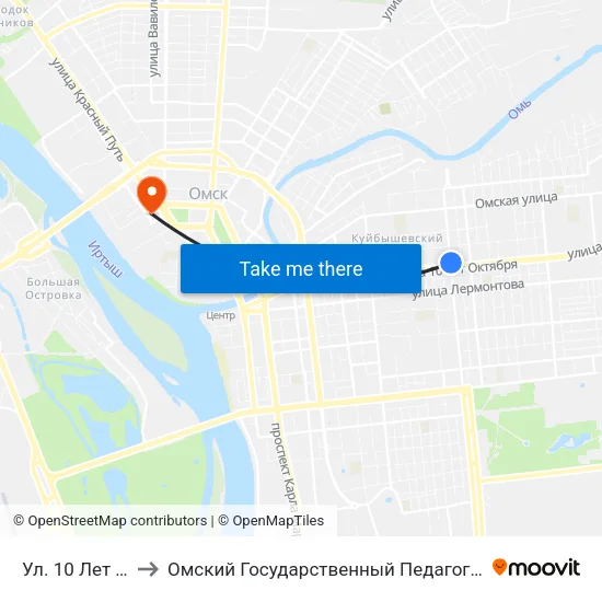 Ул. 10 Лет Октября to Омский Государственный Педагогический Университет map