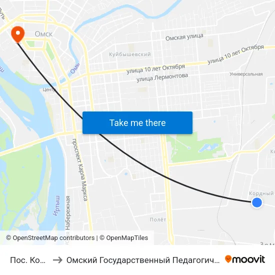 Пос. Кордный to Омский Государственный Педагогический Университет map