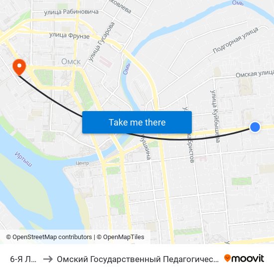 6-Я Линия to Омский Государственный Педагогический Университет map