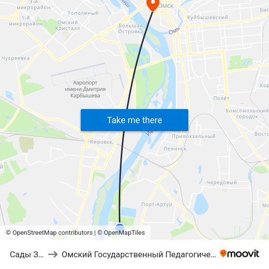 Сады Заря-2 to Омский Государственный Педагогический Университет map