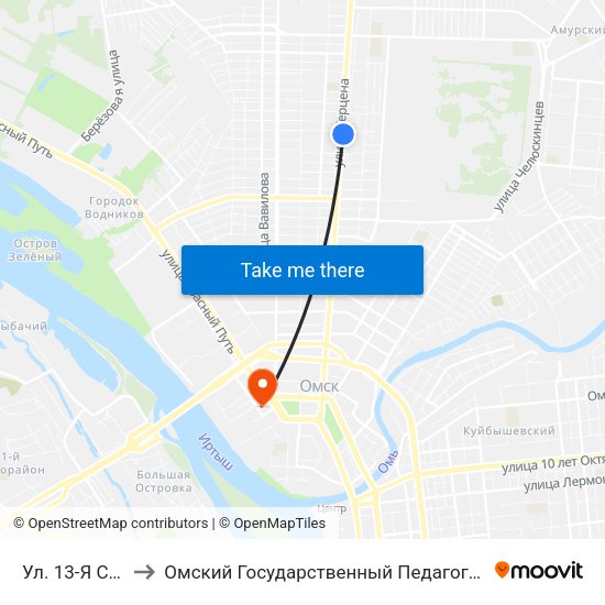 Ул. 13-Я Северная to Омский Государственный Педагогический Университет map