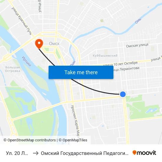 Ул. 20 Лет Ркка to Омский Государственный Педагогический Университет map