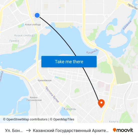 Ул. Бондаренко-1 to Казанский Государственный Архитектурно-Строительный Университет map