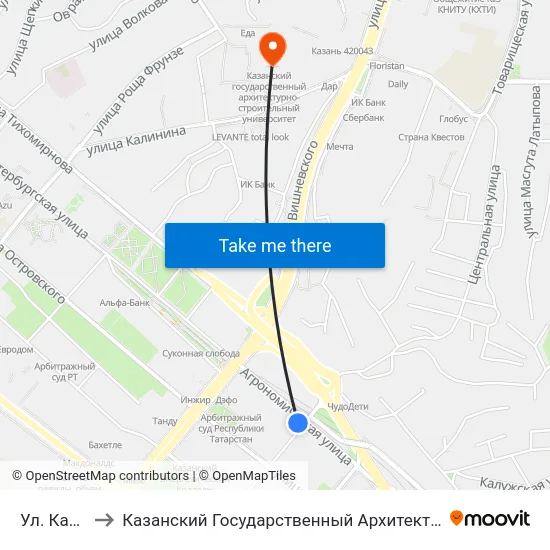 Ул. Качалова-1 to Казанский Государственный Архитектурно-Строительный Университет map