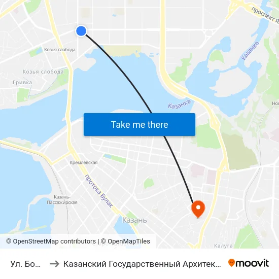 Ул. Бондаренко to Казанский Государственный Архитектурно-Строительный Университет map