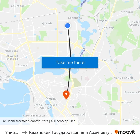 Универсам 2 to Казанский Государственный Архитектурно-Строительный Университет map