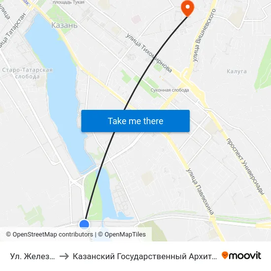 Ул. Железнодорожная to Казанский Государственный Архитектурно-Строительный Университет map
