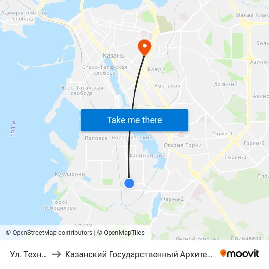 Ул. Техническая-1 to Казанский Государственный Архитектурно-Строительный Университет map