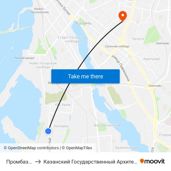 Промбаза Ласточка to Казанский Государственный Архитектурно-Строительный Университет map