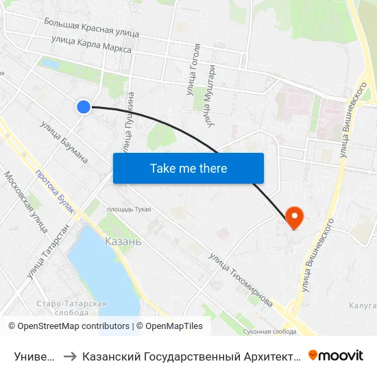 Университет-2 to Казанский Государственный Архитектурно-Строительный Университет map