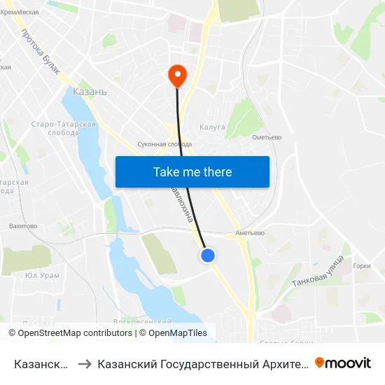 Казанская Ярмарка to Казанский Государственный Архитектурно-Строительный Университет map