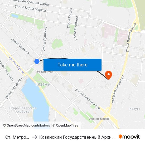 Ст. Метро Пл.Г.Тукая-1 to Казанский Государственный Архитектурно-Строительный Университет map