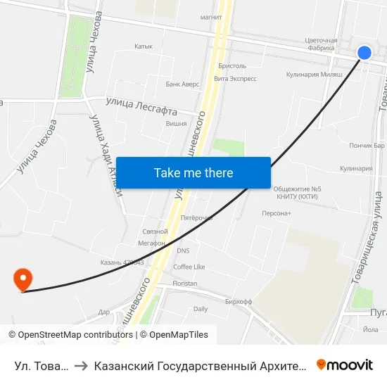 Ул. Товарищеская to Казанский Государственный Архитектурно-Строительный Университет map
