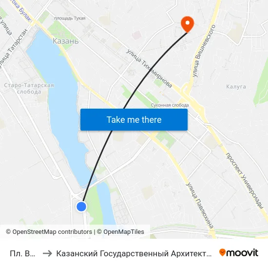 Пл. Вахитова to Казанский Государственный Архитектурно-Строительный Университет map