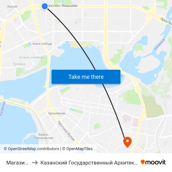 Магазин Океан-3 to Казанский Государственный Архитектурно-Строительный Университет map