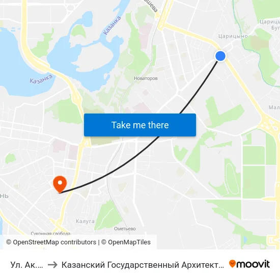 Ул. Ак.Губкина to Казанский Государственный Архитектурно-Строительный Университет map