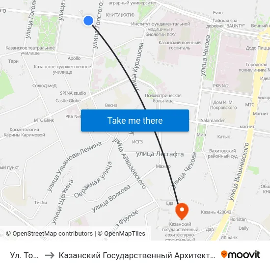 Ул. Толстого-1 to Казанский Государственный Архитектурно-Строительный Университет map