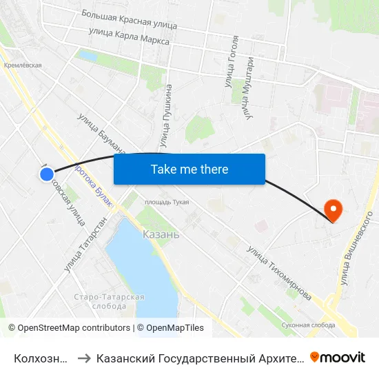 Колхозный Рынок-2 to Казанский Государственный Архитектурно-Строительный Университет map