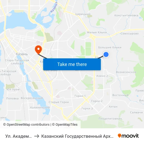 Ул. Академика Глушко, 15 to Казанский Государственный Архитектурно-Строительный Университет map