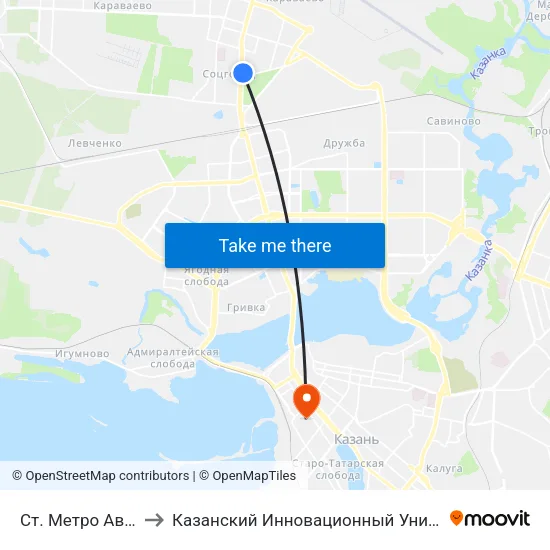 Ст. Метро Авиастроительная-2 to Казанский Инновационный Университет Имени В.Г Тимирясова (Иэуп) map