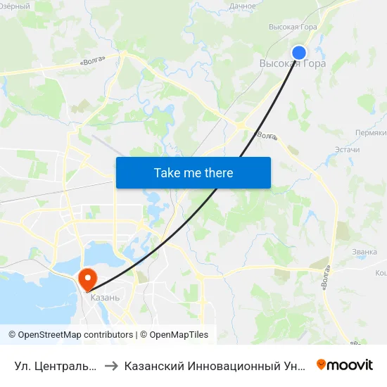 Ул. Центральная (Высокая Гора) to Казанский Инновационный Университет Имени В.Г Тимирясова (Иэуп) map