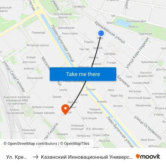Ул. Кремлевская-1 to Казанский Инновационный Университет Имени В.Г Тимирясова (Иэуп) map