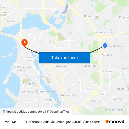 Ул. Ак.Глушко-3 to Казанский Инновационный Университет Имени В.Г Тимирясова (Иэуп) map